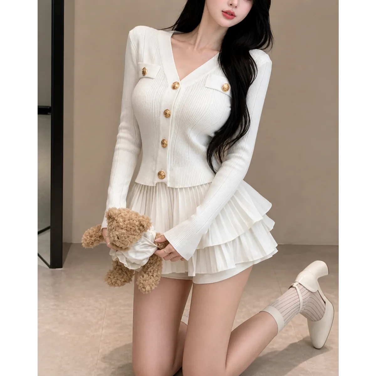 Y2K Kawaii Knitted Two-Piece Set – Elegant Mini Skirt Suit
