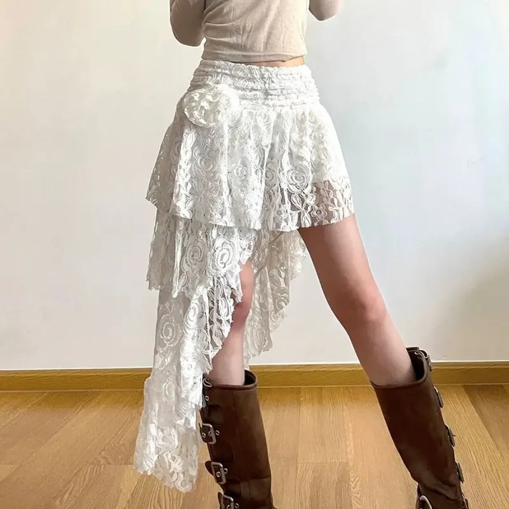 White Asymmetrical Lace Skirt – Fairycore Boho Irregular Skirt