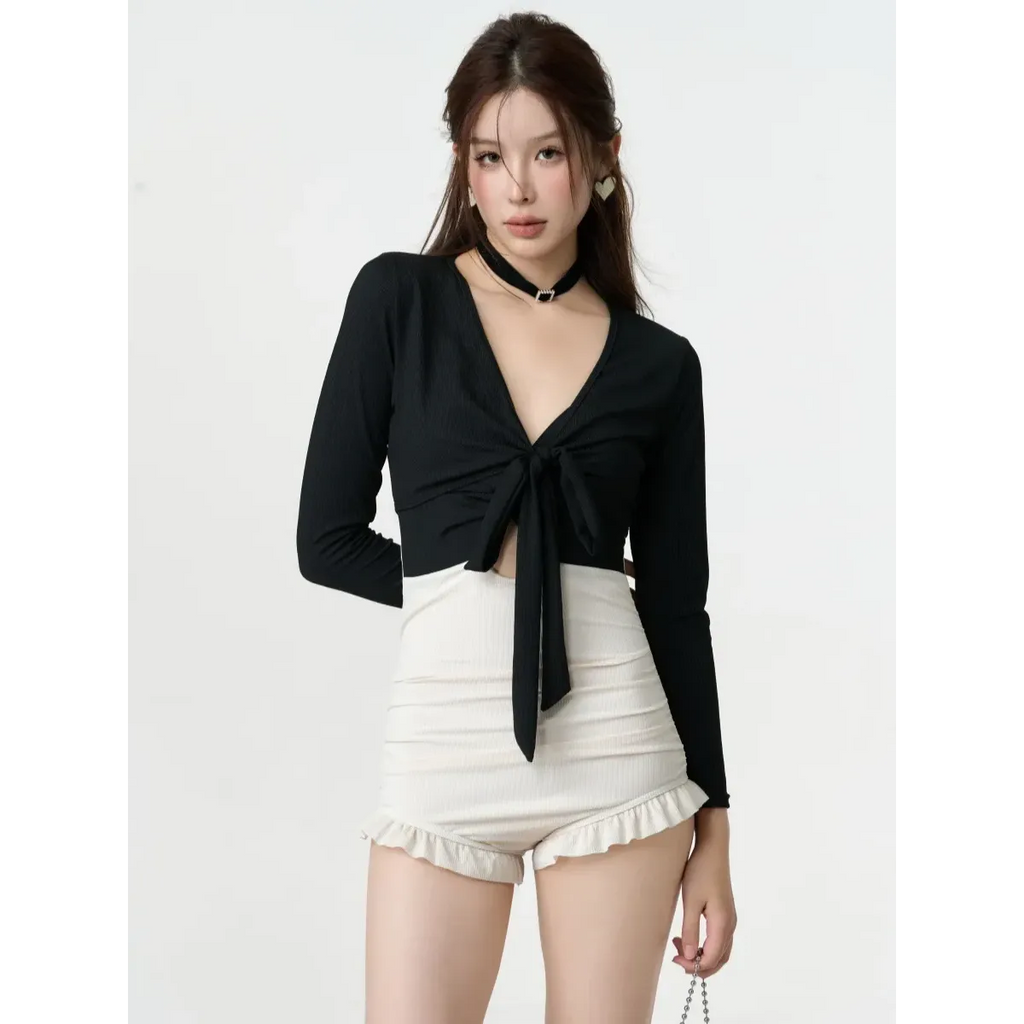 Bikini Set – V-Neck Long Sleeve with Ruffle High Waist