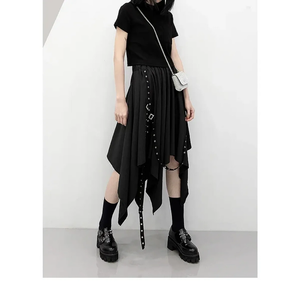 Black Irregular Hem Gothic Punk Skirt – Buckle Straps & Studded Details