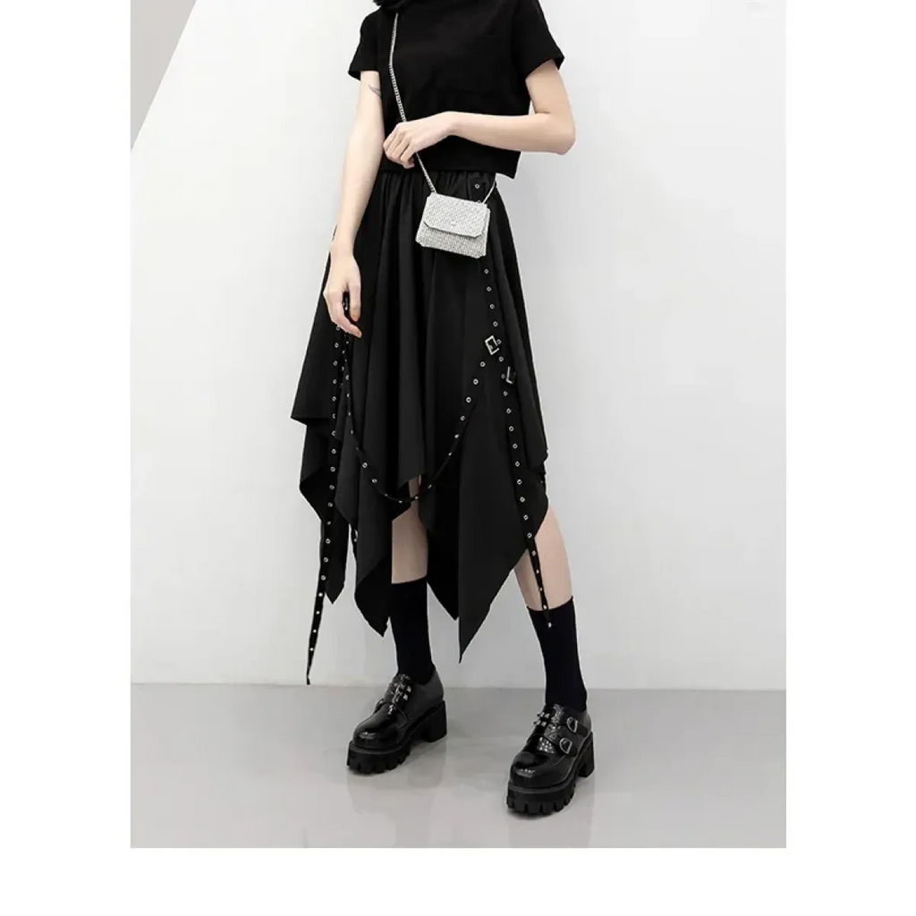 Black Irregular Hem Gothic Punk Skirt – Buckle Straps & Studded Details