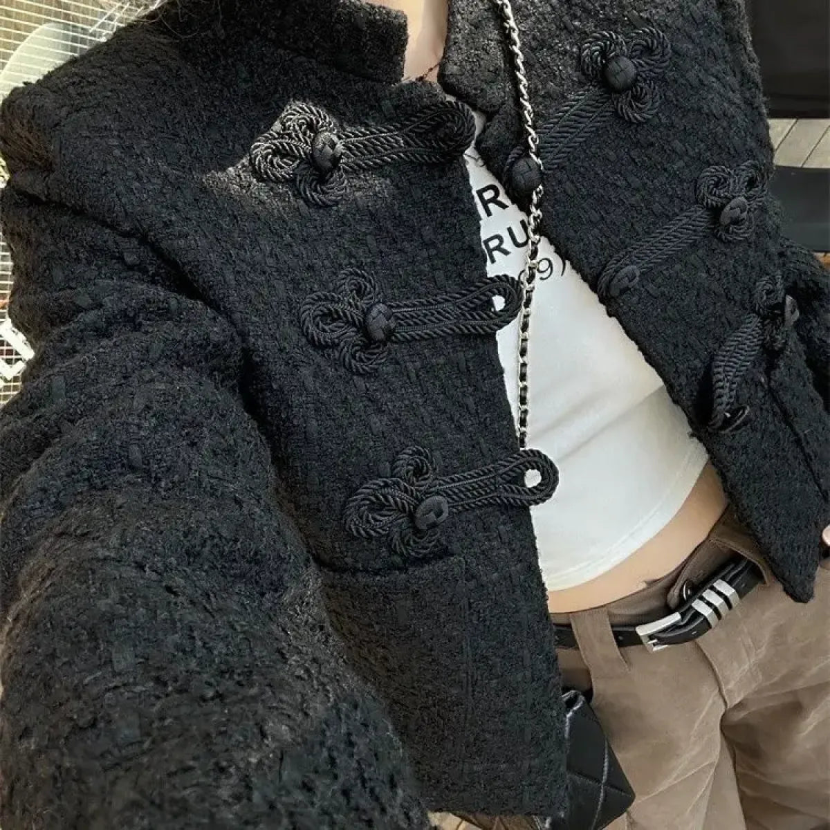 Black Qi Lolita Knit Cardigan – Neo-Chinese Y2K Long Sleeve Coat