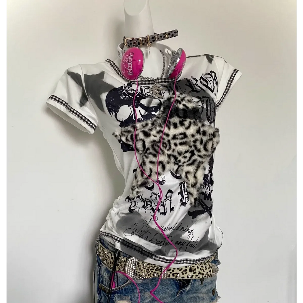 Y2K Punk Tee – Leopard Print Patchwork & Skull Graphic