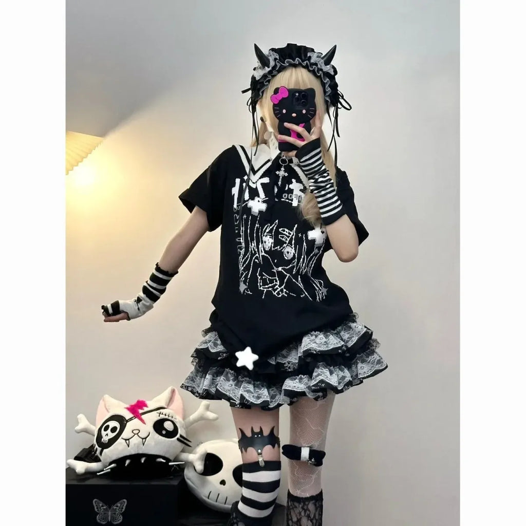 Y2K Punk Lace Mini Skirt – Gothic Layered A-Line Skirt