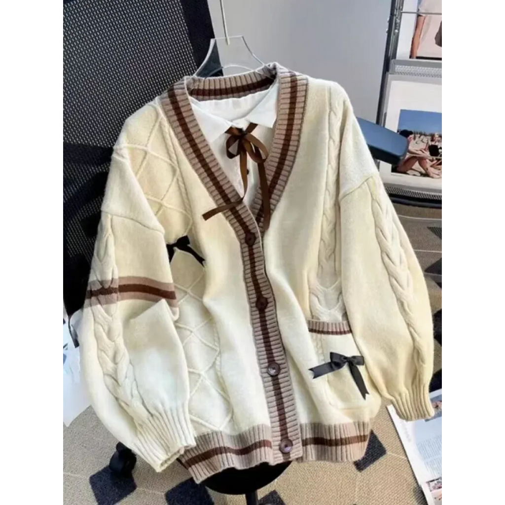 Bow Knit Cardigan – Y2K Aesthetic Contrast Trim Sweater