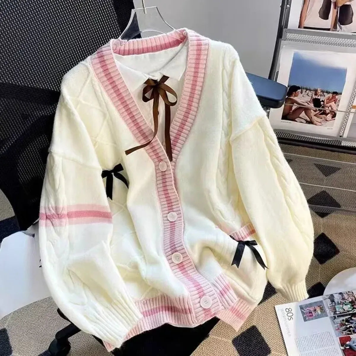 Bow Knit Cardigan – Y2K Aesthetic Contrast Trim Sweater