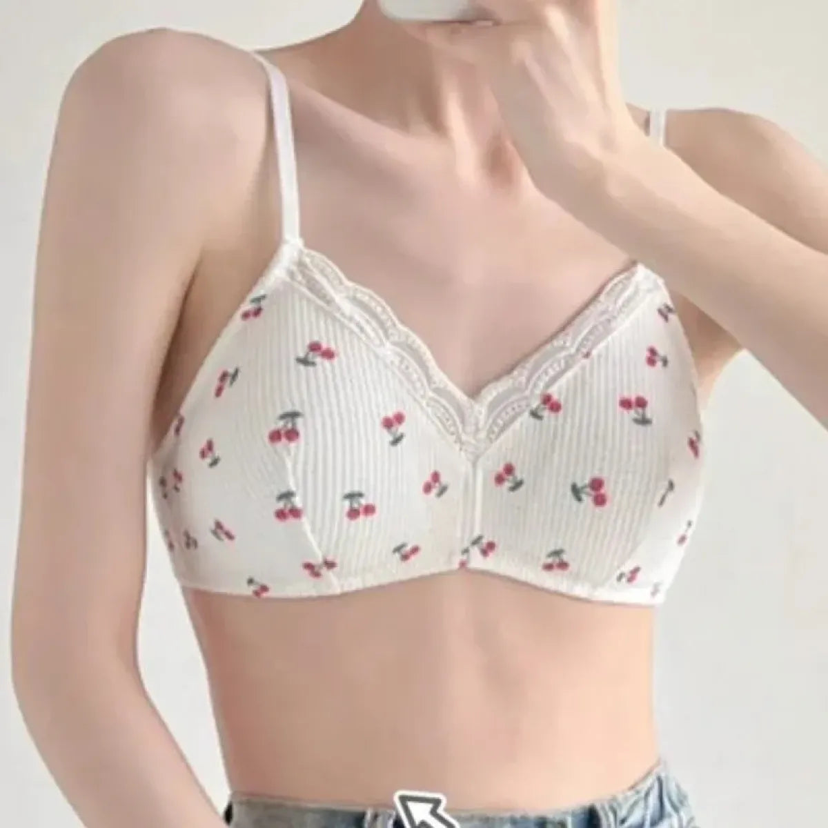 Cherry Print Lace Bra – Seamless Wire-Free Breathable Lingerie