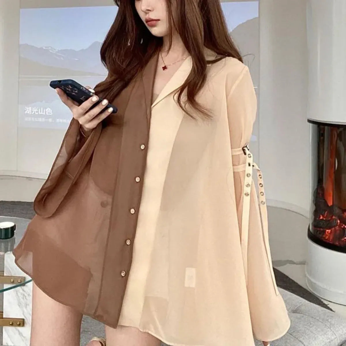 Brown Oversized Sheer Blouse – Chic Harajuku Cottagecore Shirt Dress