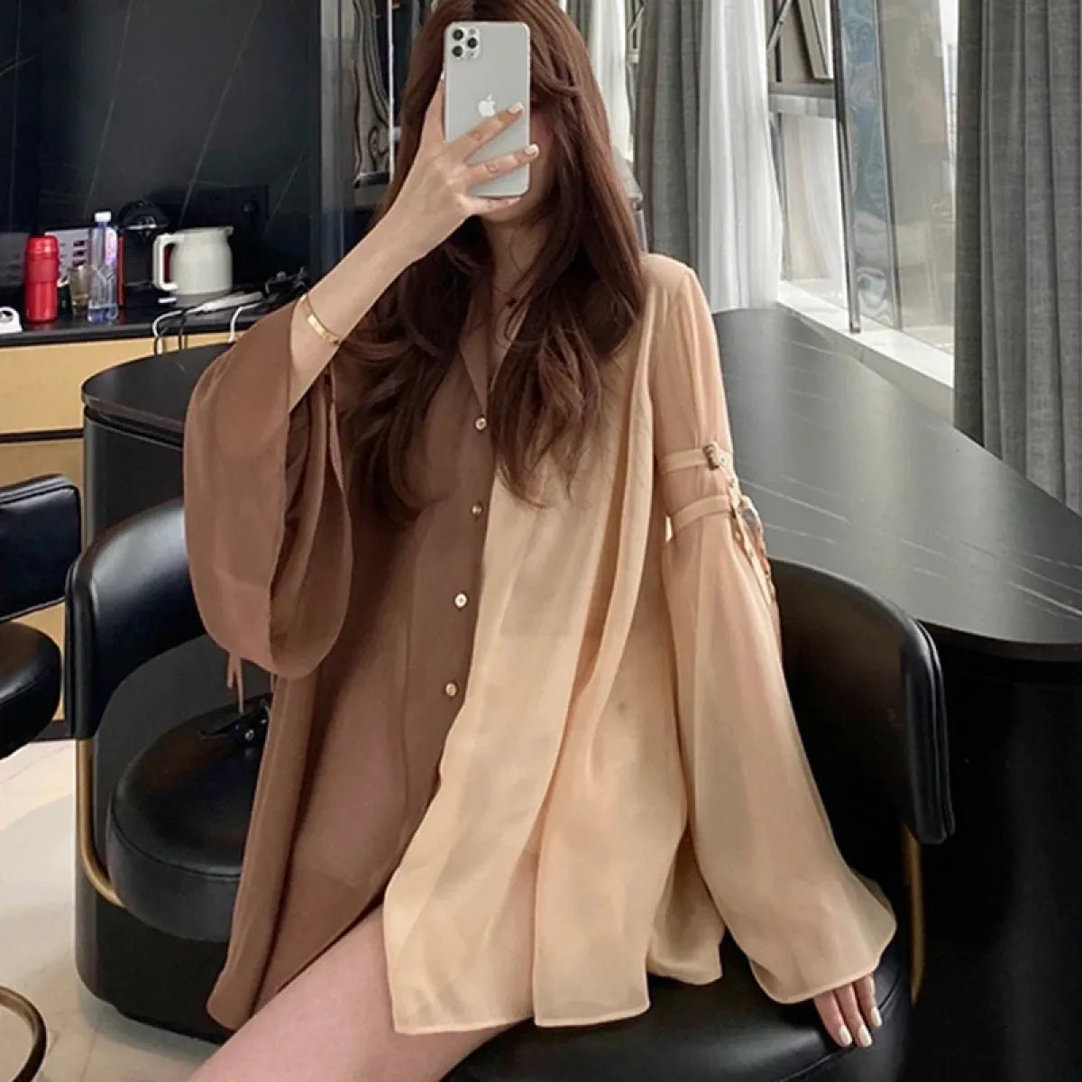 Brown Oversized Sheer Blouse – Chic Harajuku Cottagecore Shirt Dress