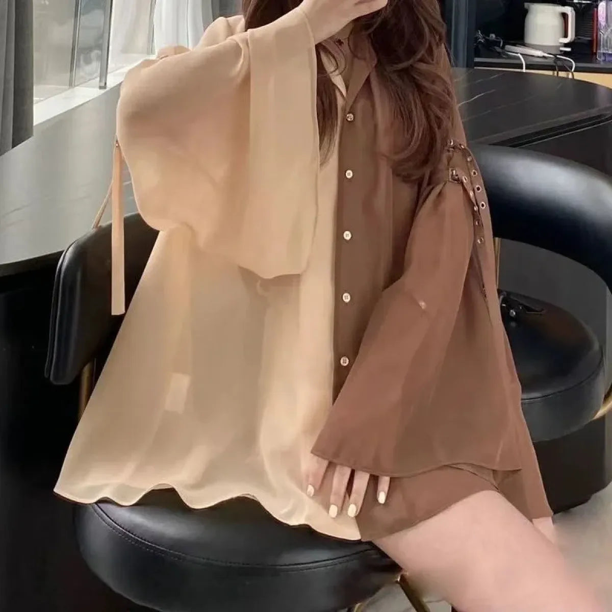 Brown Oversized Sheer Blouse – Chic Harajuku Cottagecore Shirt Dress
