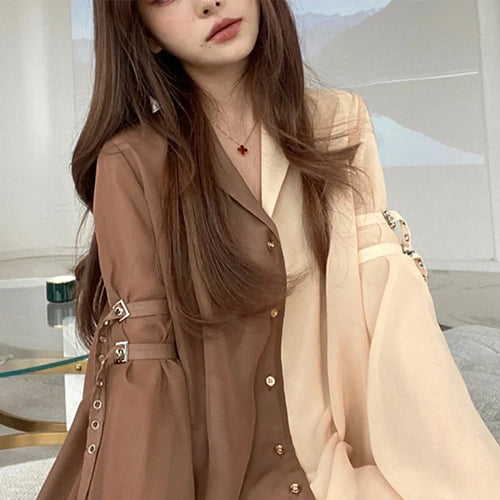 Brown Oversized Sheer Blouse – Chic Harajuku Cottagecore Shirt Dress