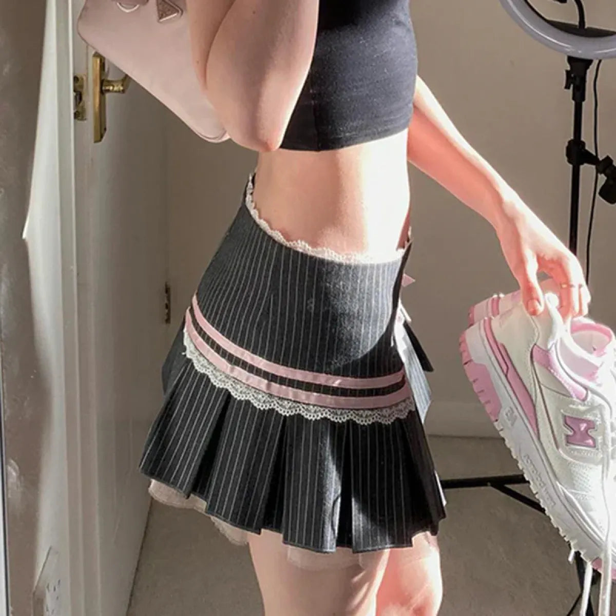 Y2K Coquette Aesthetic Pinstripe Pleated Black Mini Skirt with Bow