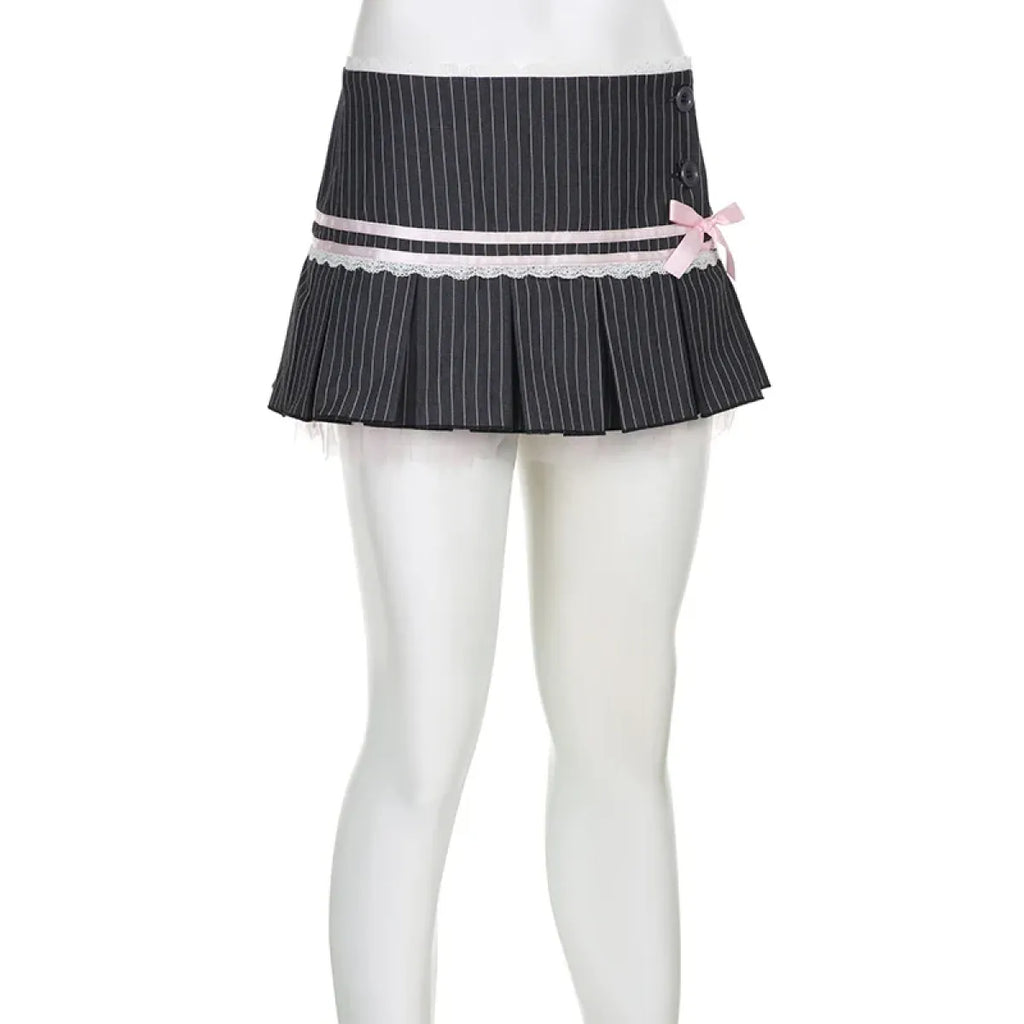 Y2K Coquette Aesthetic Pinstripe Pleated Black Mini Skirt with Bow