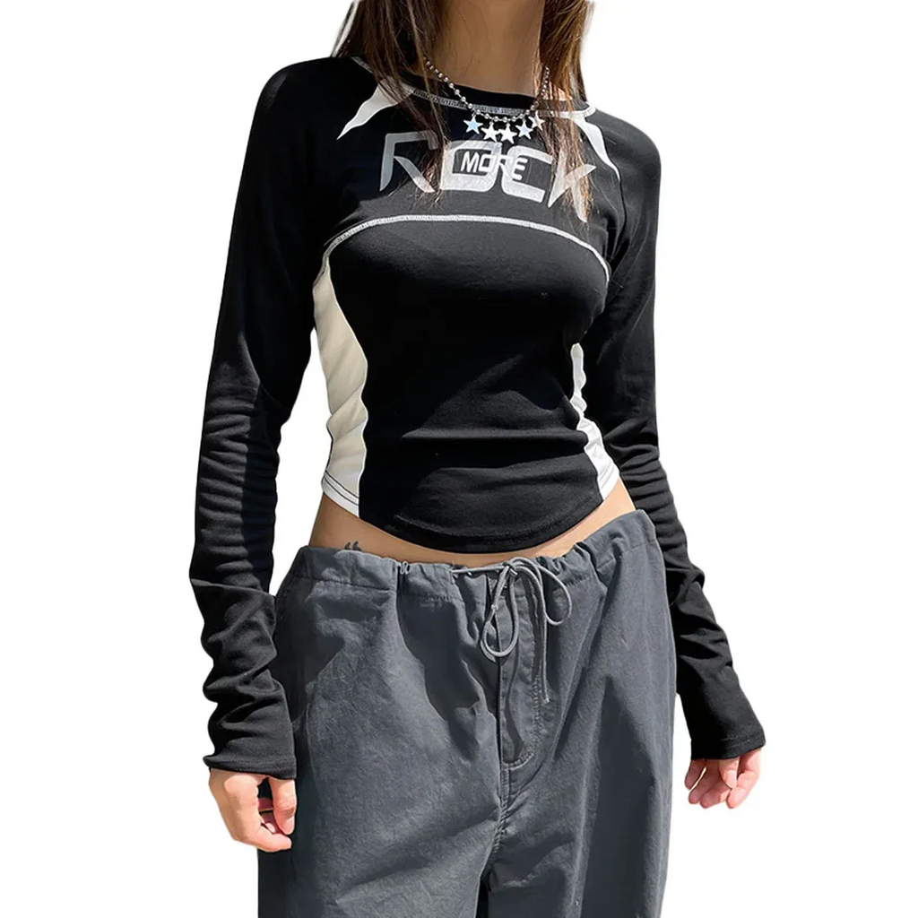 Crew Neck Letter Print Top - Long Sleeve Casual Streetwear T-Shirt