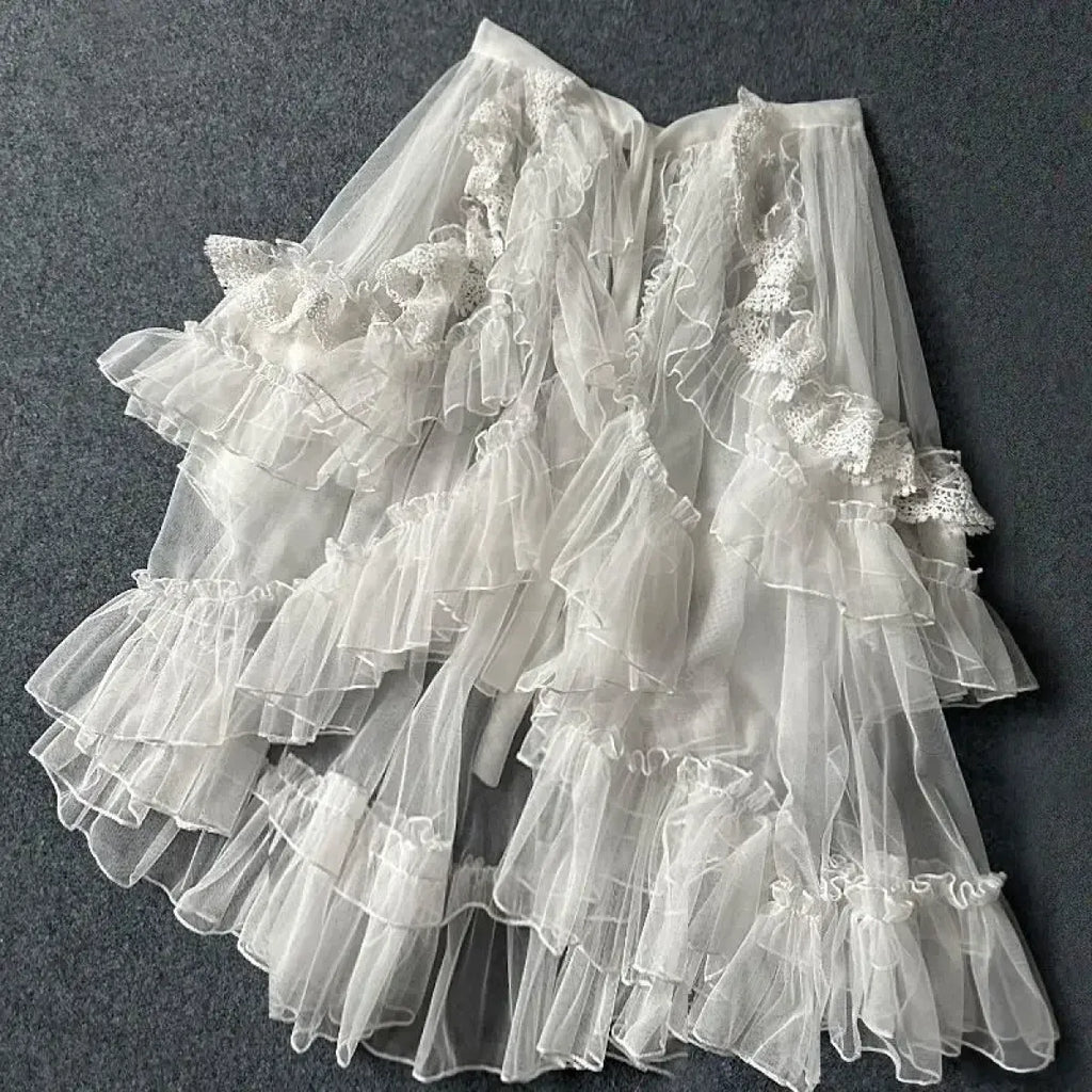 Double-Layered Waist Curtain Skirt - Asymmetrical Ruffle High-Low Cover-Up