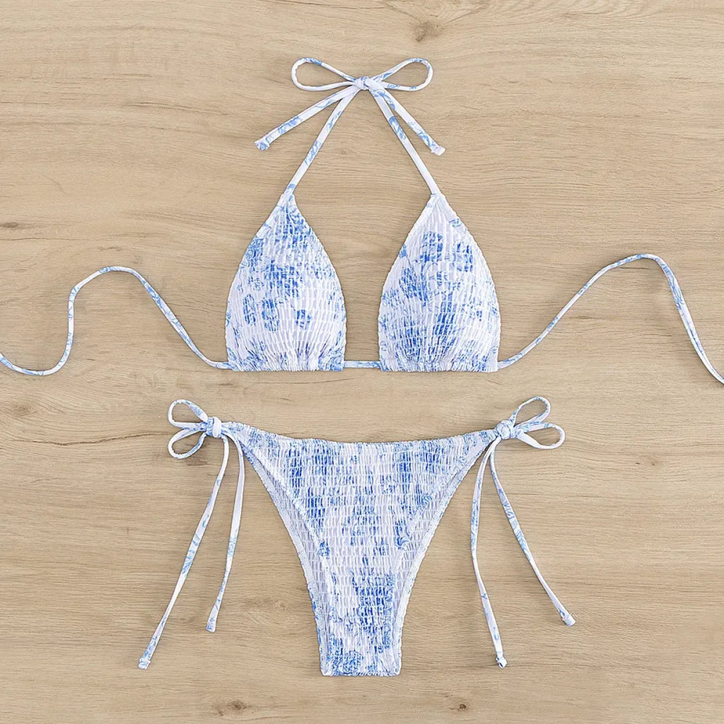 Ruched Floral Halter Bikini Set – Kawaii Beach Swimwear