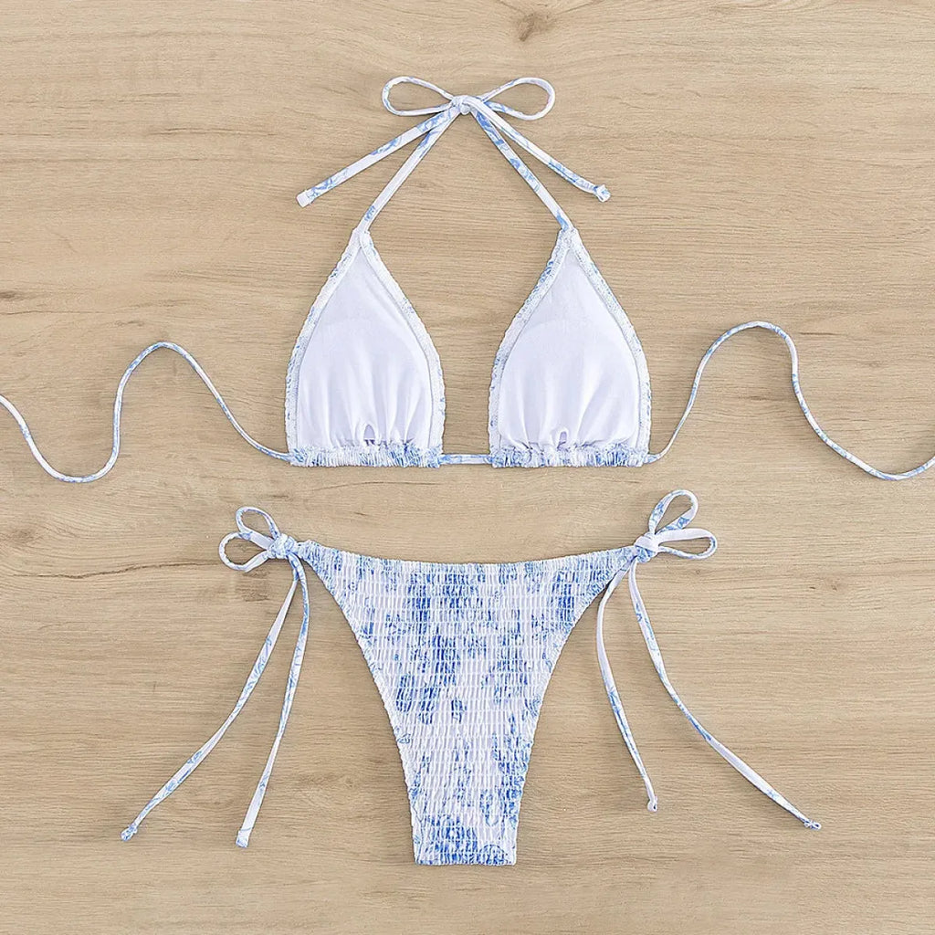 Ruched Floral Halter Bikini Set – Kawaii Beach Swimwear