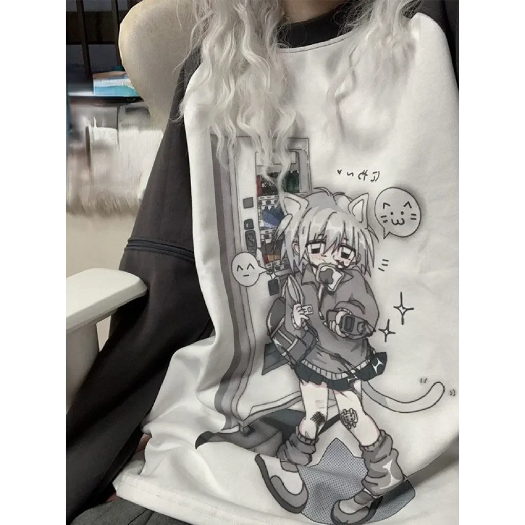 Dreamy Detachable Sleeve Tee – Kawaii Cat & Anime Harajuku Style Top