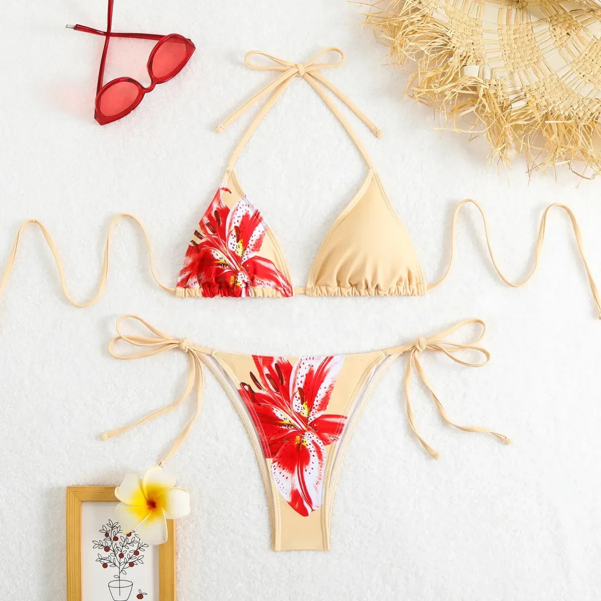 Halter Bikini Set – Vintage Floral Print String Swimwear