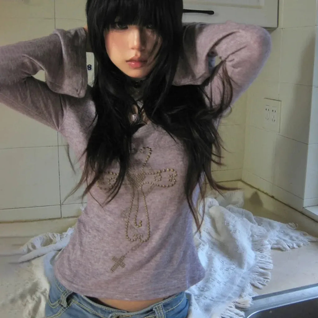 Embellished Cross Long Sleeve Tee – Spiritual Chic Top