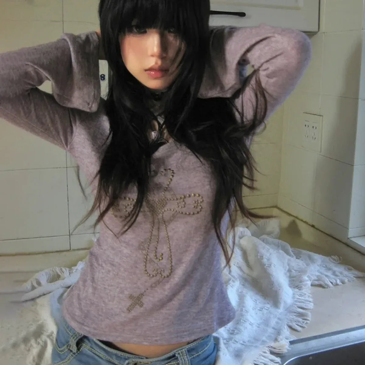 Embellished Cross Long Sleeve Tee – Spiritual Chic Top