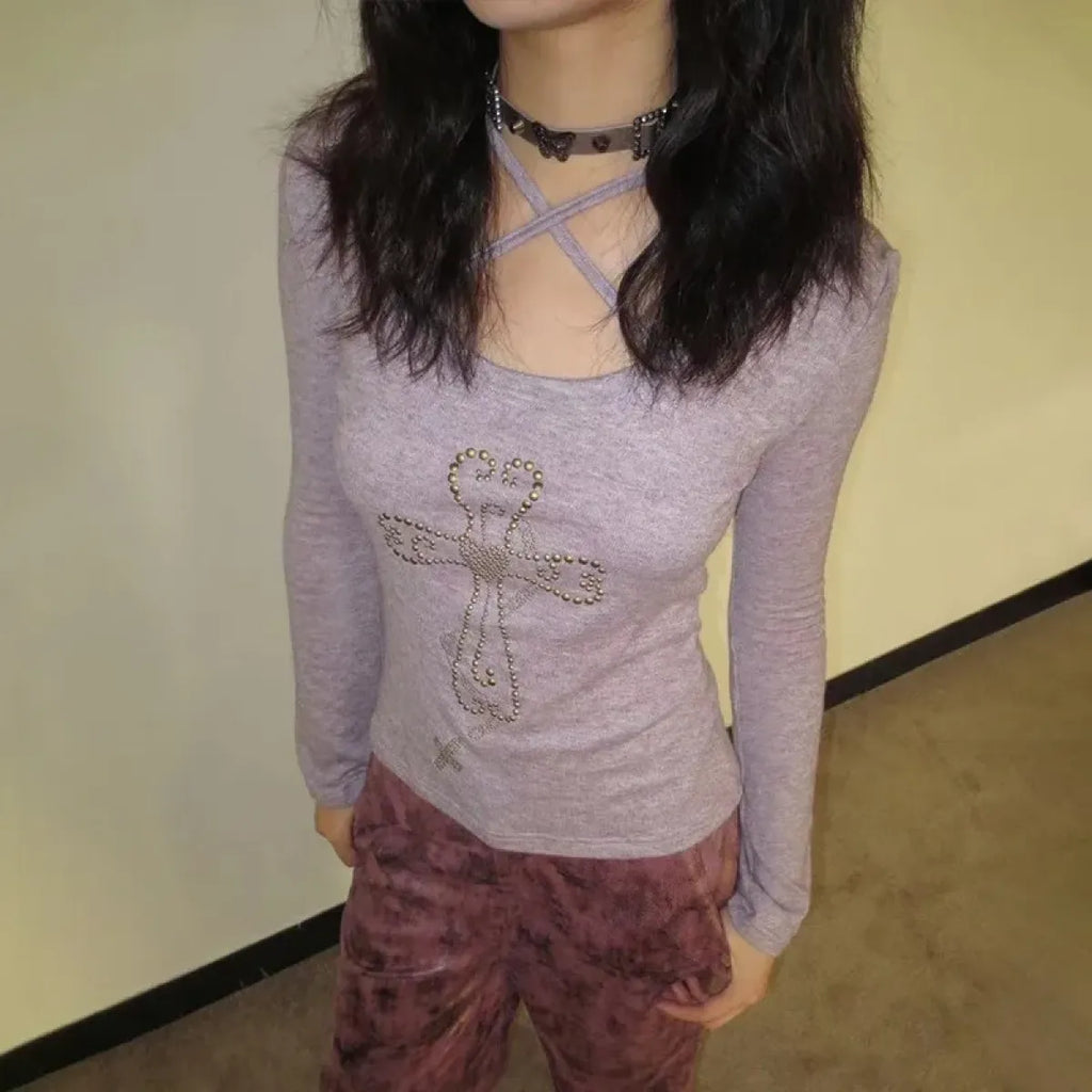 Embellished Cross Long Sleeve Tee – Spiritual Chic Top