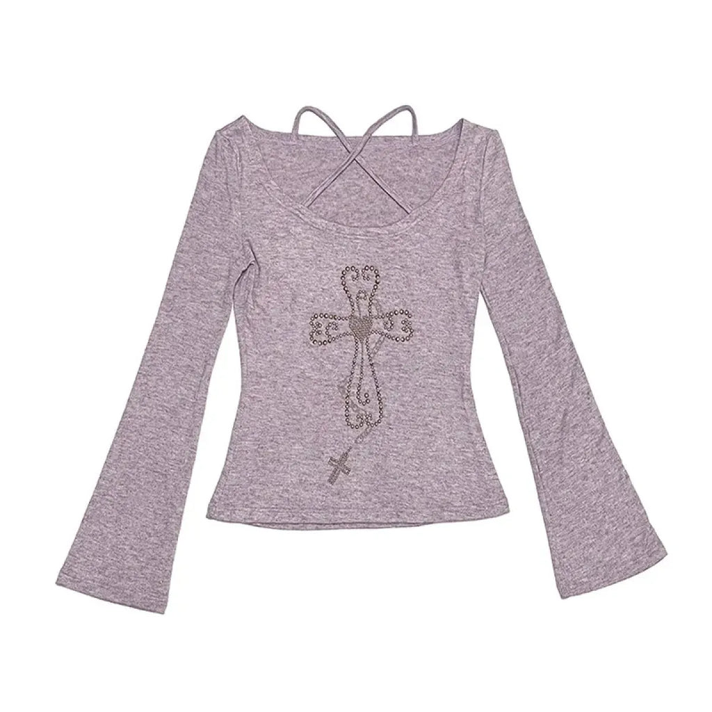 Embellished Cross Long Sleeve Tee – Spiritual Chic Top