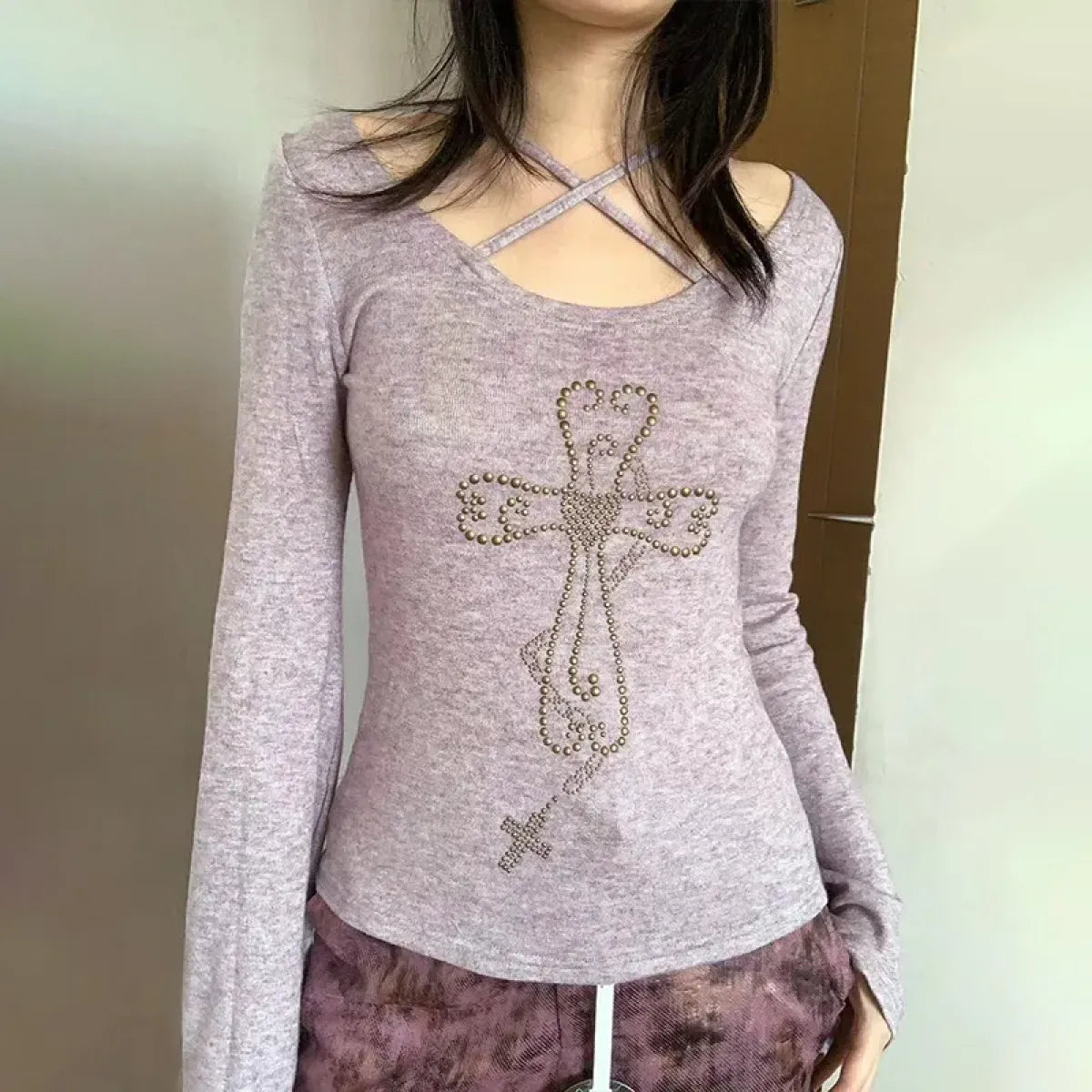 Embellished Cross Long Sleeve Tee – Spiritual Chic Top