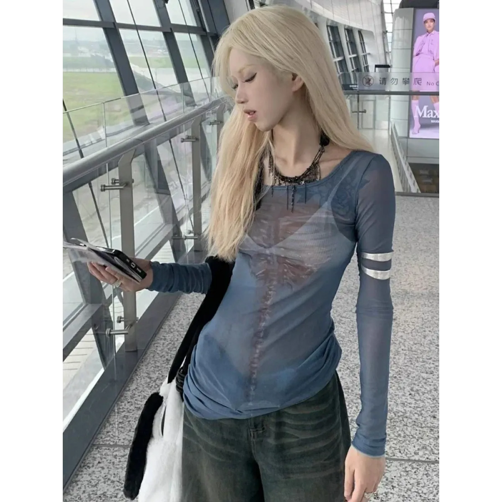 Sheer Skeleton Print Harajuku Top – Fairy Grunge Y2K Slim Fit
