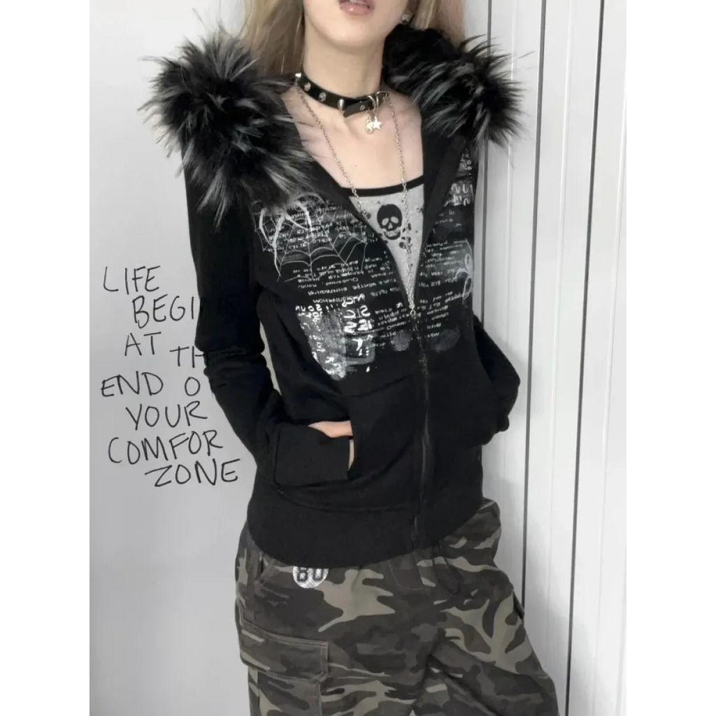 Black Gothic Grunge Fur Hooded Jacket
