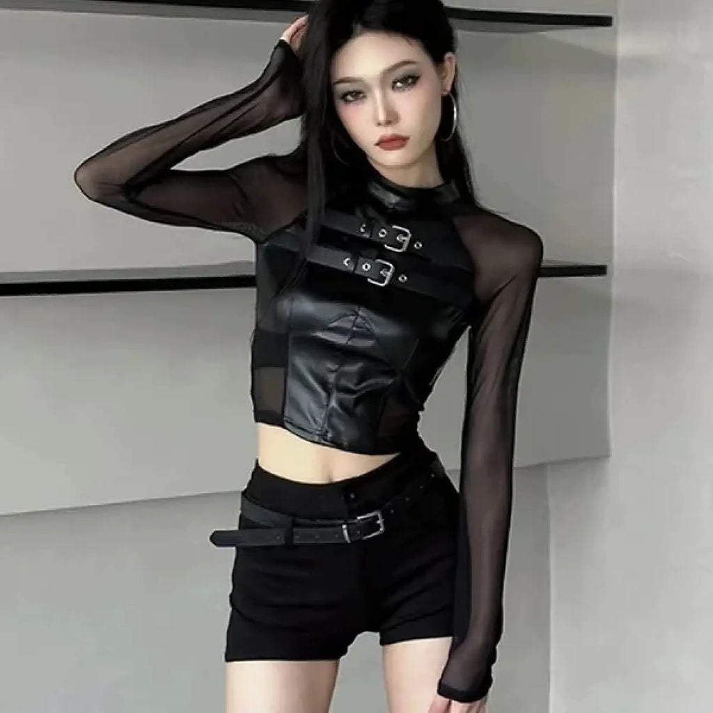 Faux Leather Mesh Crop Top – Harajuku Y2K E-Girl Streetwear