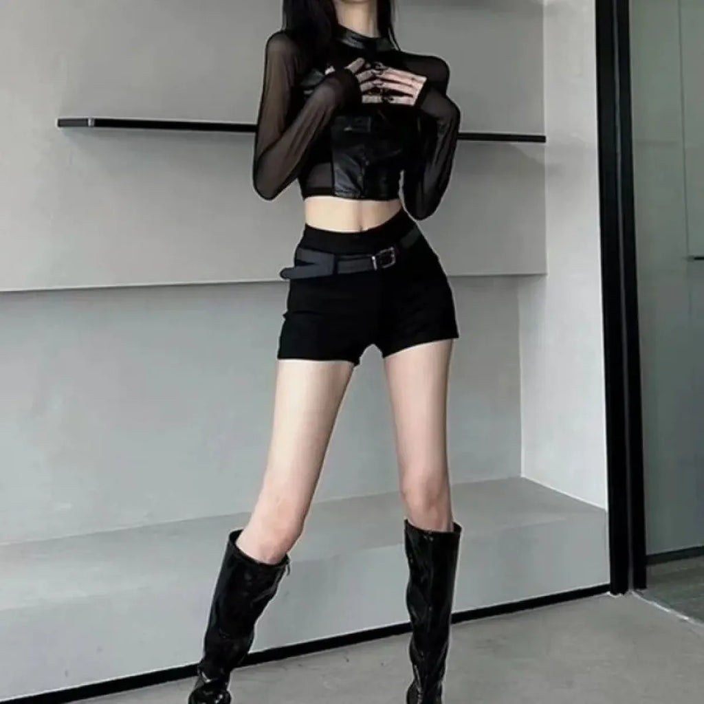 Faux Leather Mesh Crop Top – Harajuku Y2K E-Girl Streetwear