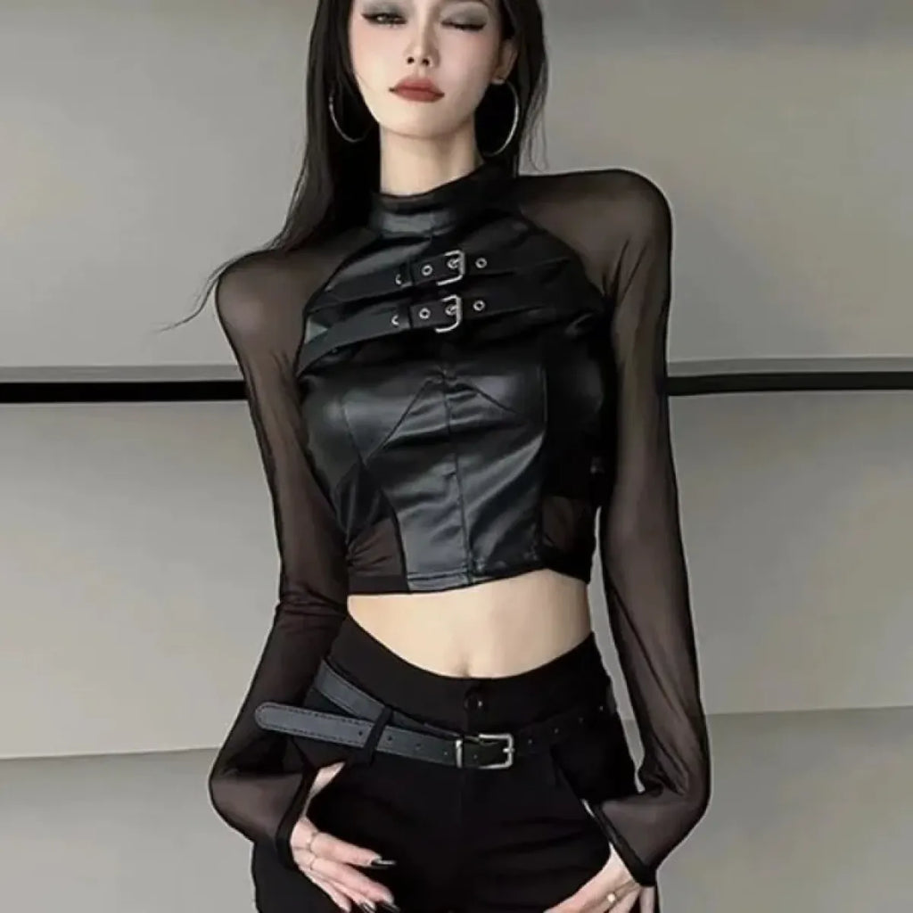 Faux Leather Mesh Crop Top – Harajuku Y2K E-Girl Streetwear