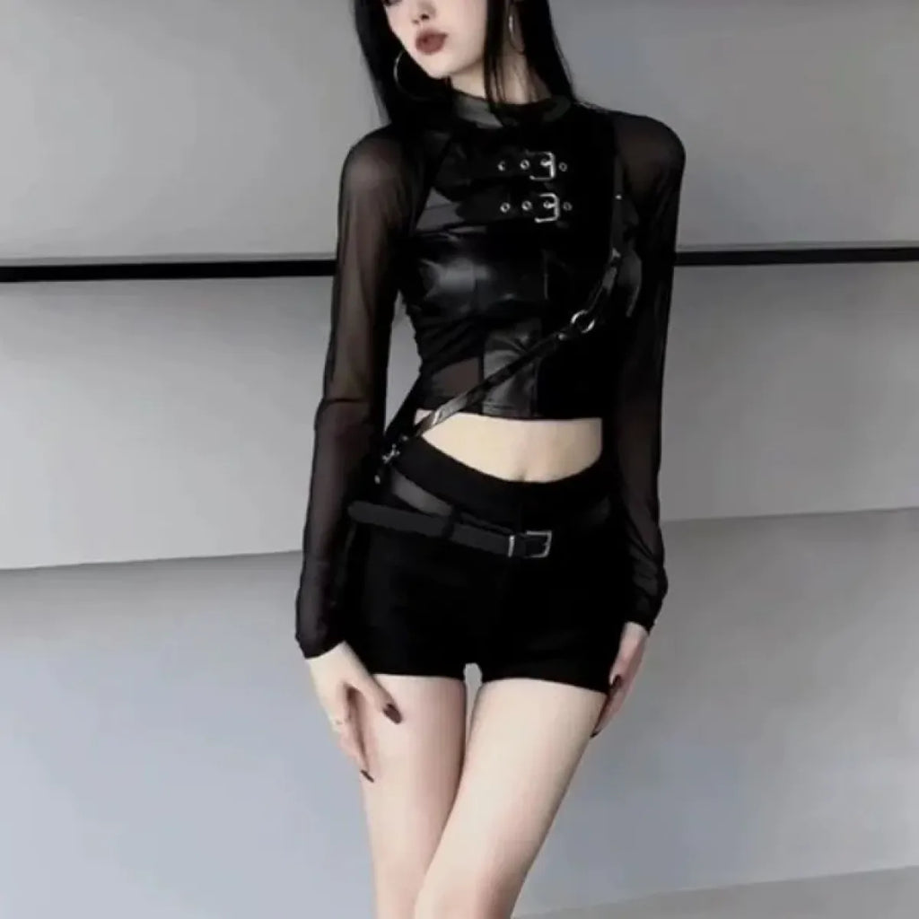 Faux Leather Mesh Crop Top – Harajuku Y2K E-Girl Streetwear