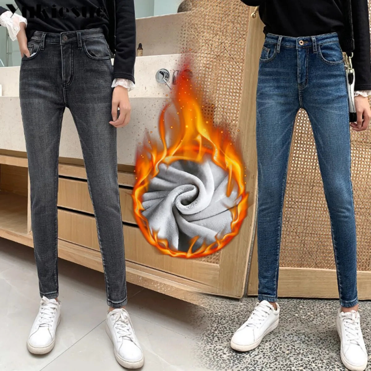 Thick Fleece-Lined High Waist Jeans