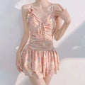 Floral Ruched Korean Swimsuit – 3D Flower One-Piece Skirted