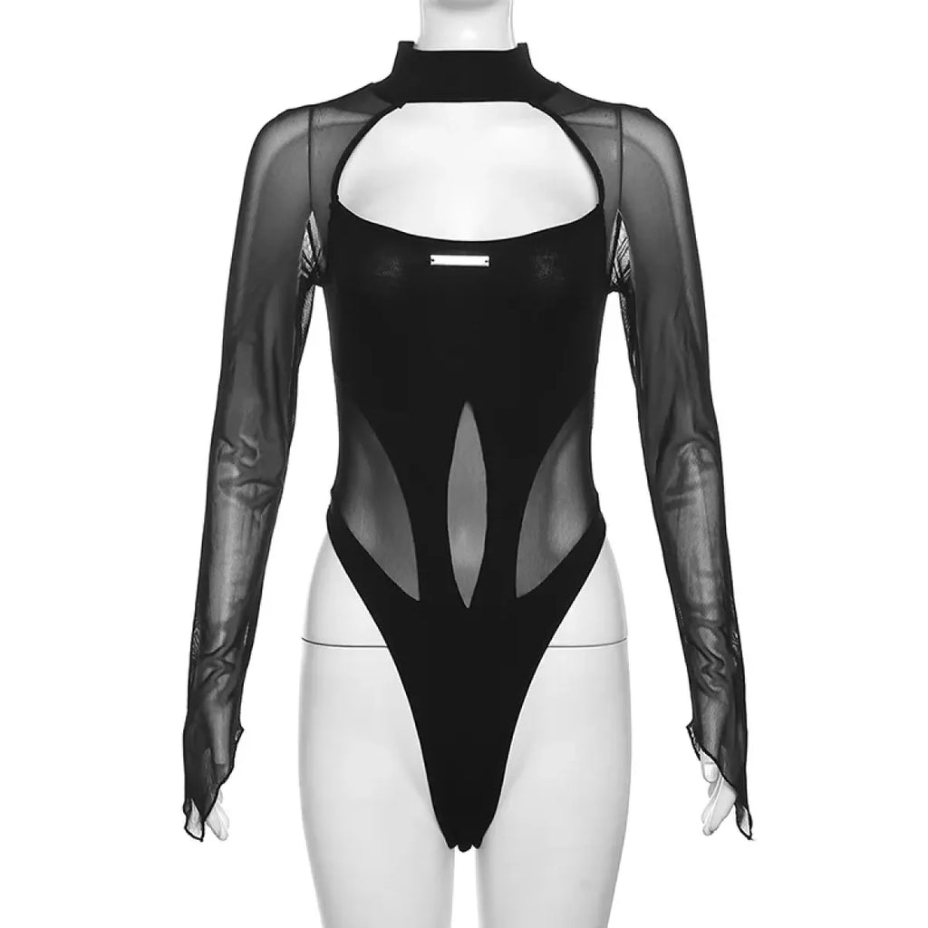 Goth Dark Sheer Mesh Long Sleeve Bodysuit