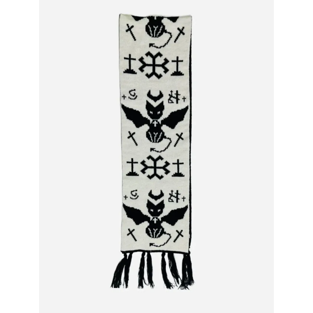 Black & White Y2K Harajuku Scarf – Gothic Cat Print with Tassels