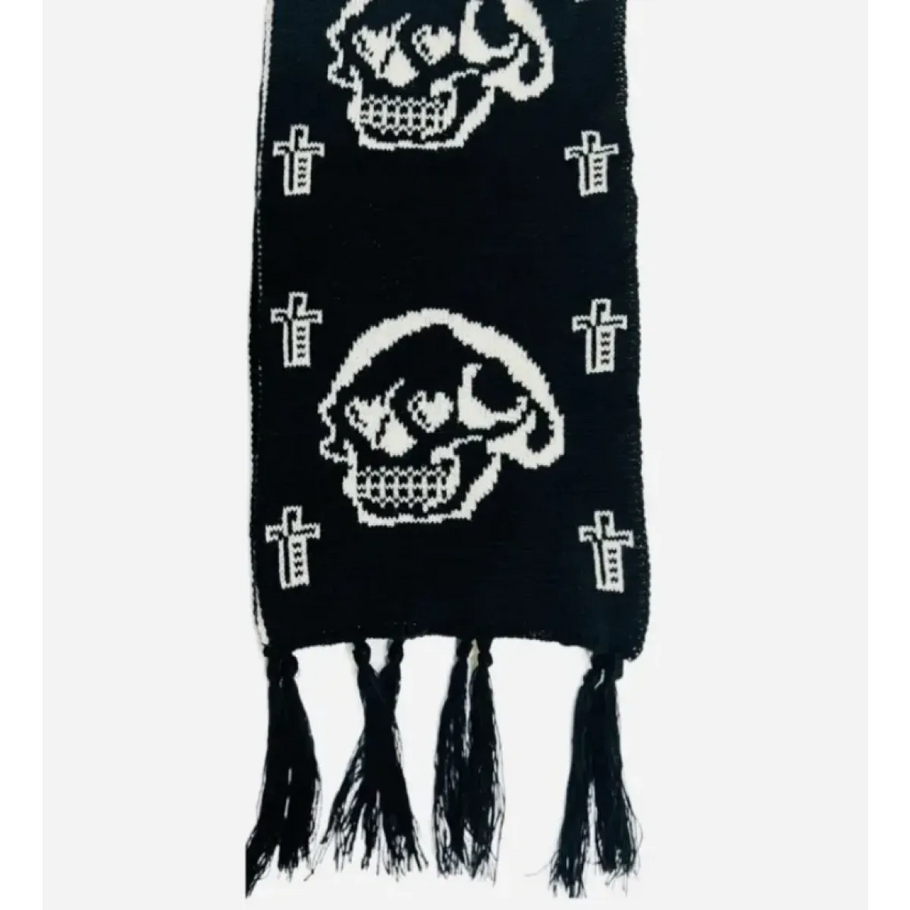 Black & White Y2K Harajuku Scarf – Gothic Cat Print with Tassels