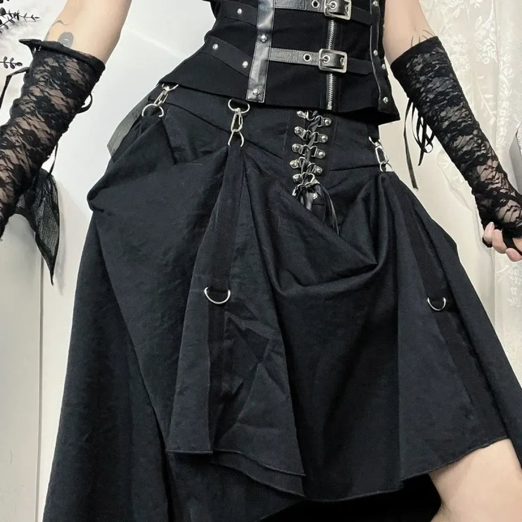 Gothic High Waist Ruffle Skirt – Punk Grunge Corset A-Line Skirt