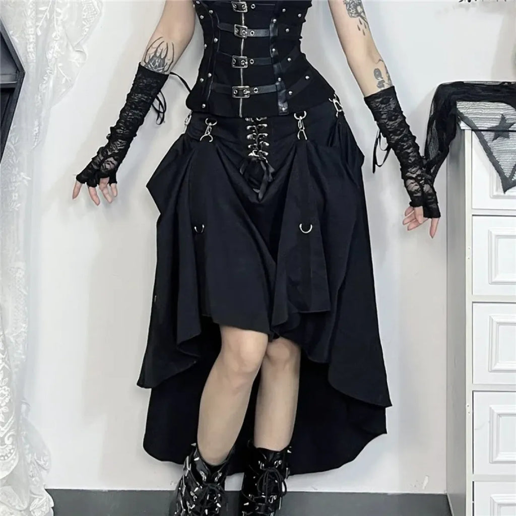 Gothic High Waist Ruffle Skirt – Punk Grunge Corset A-Line Skirt
