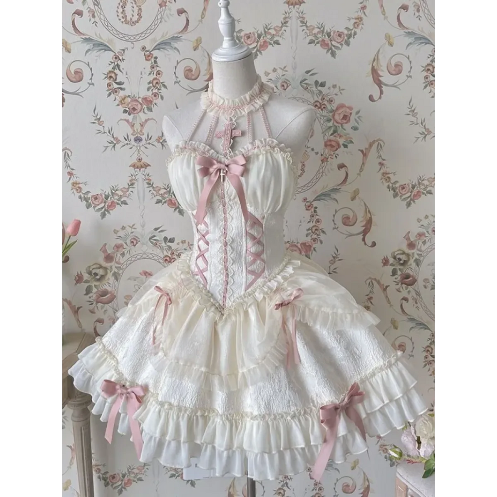 Harajuku Gothic Lolita Halter Dress – Off Shoulder Slim Waist Bow