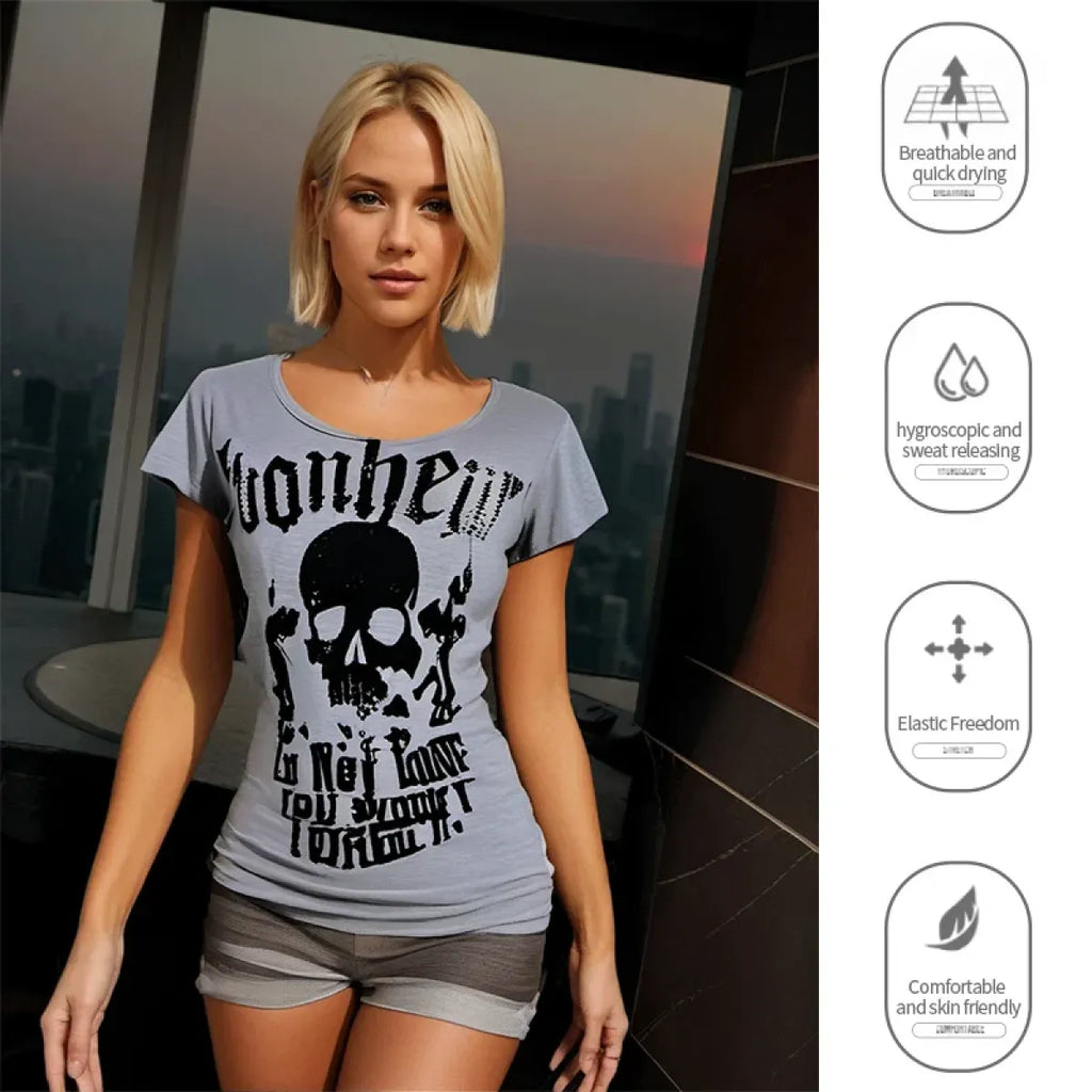Gothic Punk Skull Print Tee – Y2K Vintage Slim Fit Top