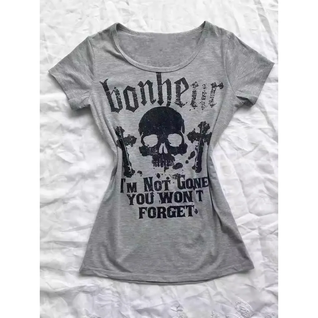 Gothic Punk Skull Print Tee – Y2K Vintage Slim Fit Top