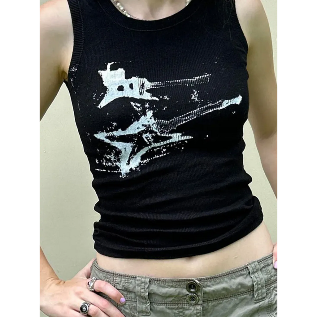 Guitar Print Tank Top - Ribbed Grunge Crop Top