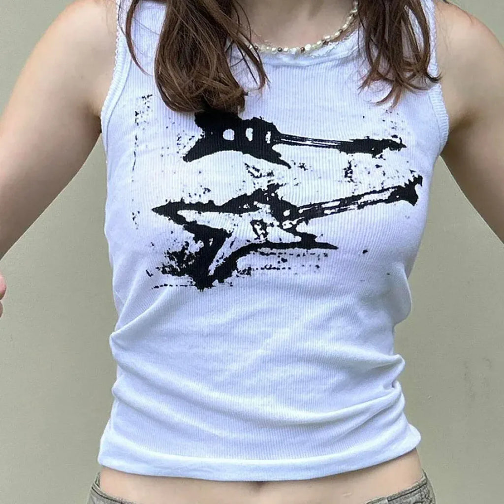 Guitar Print Tank Top - Ribbed Grunge Crop Top