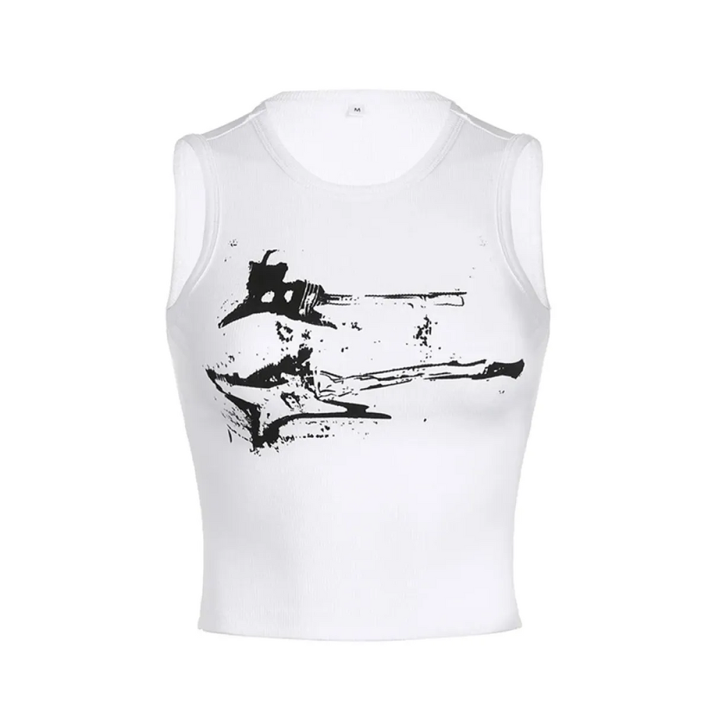 Guitar Print Tank Top - Ribbed Grunge Crop Top