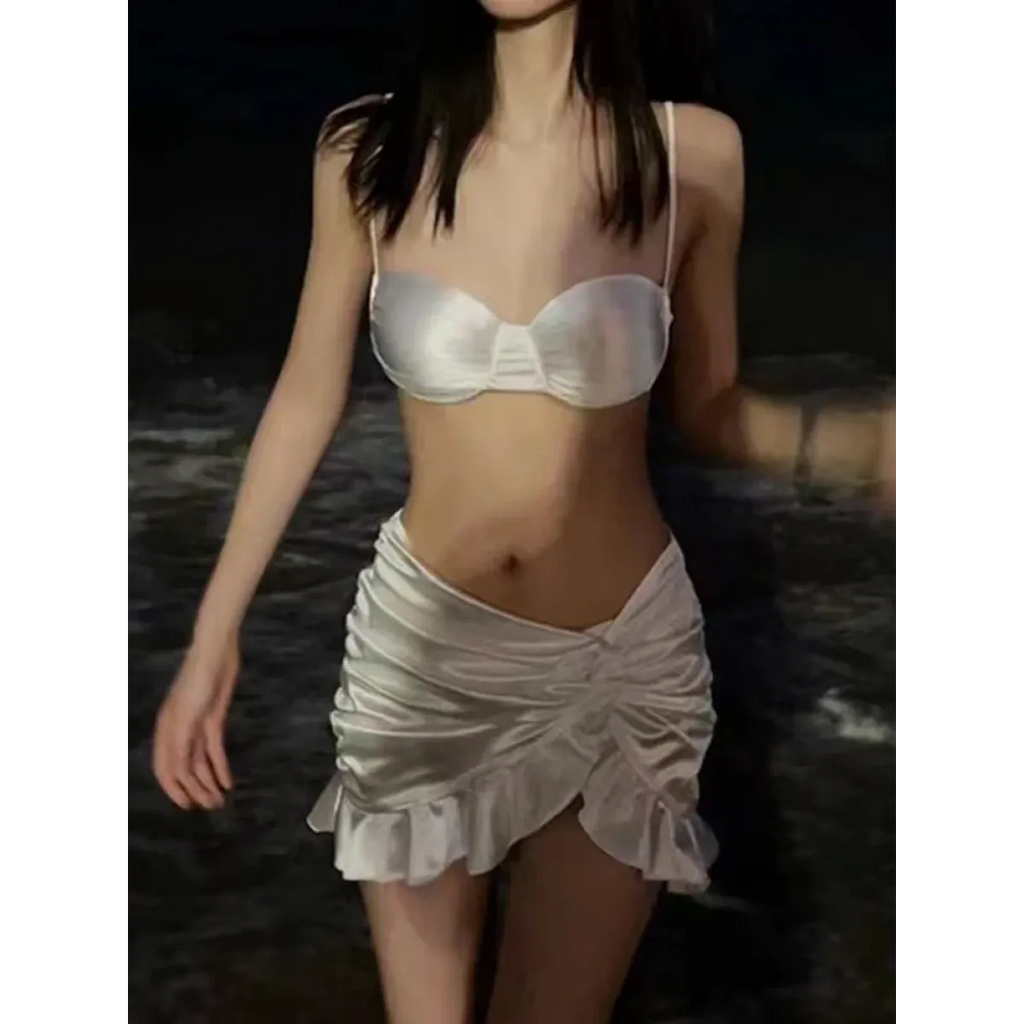 Satin Halter Bikini Set – Ruffled Irregular Wrap Skirt Swimsuit