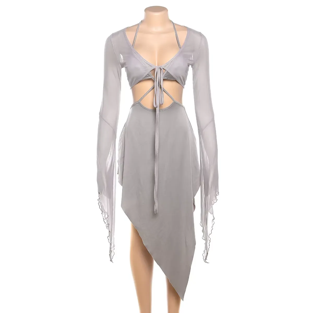 Gray Mesh Two-Piece Set – Halter Cutout Dress & Lace-Up Top