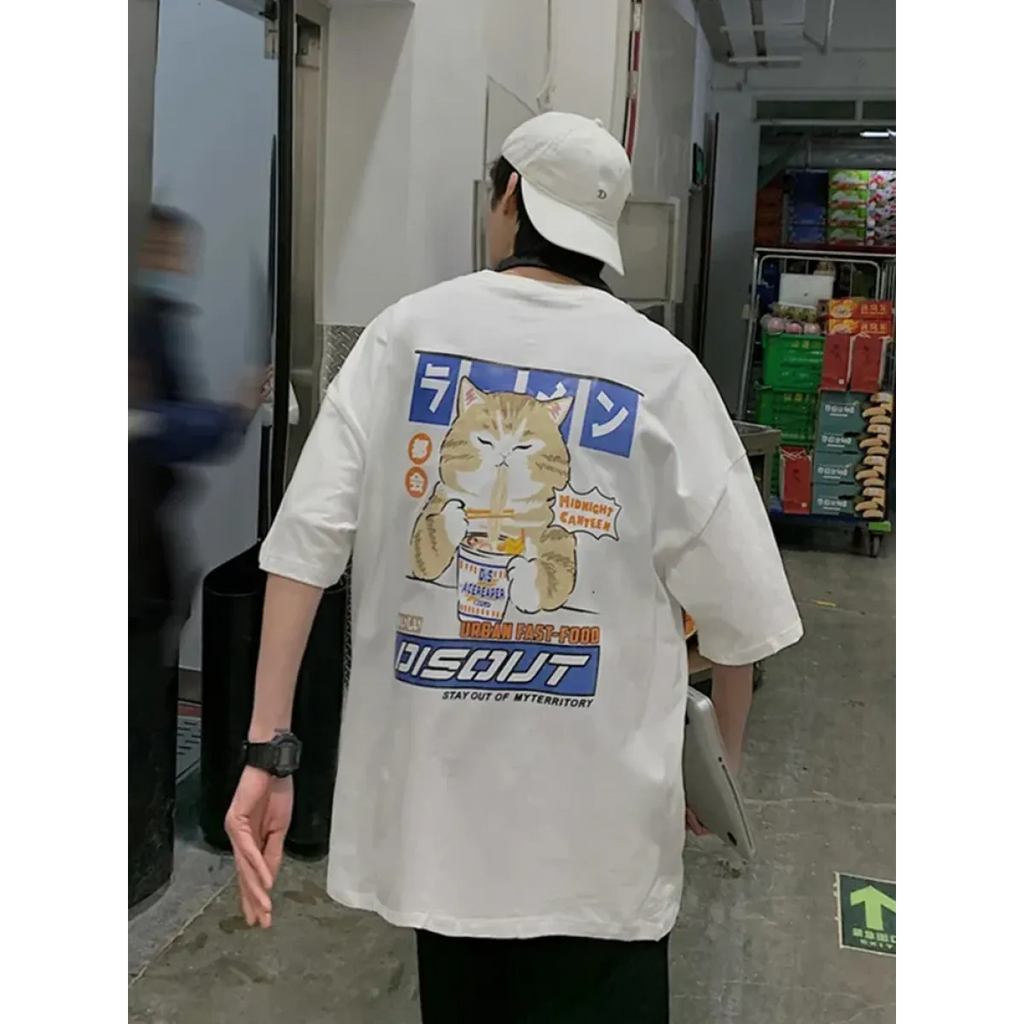 Harajuku Cat Eating Noodles Graphic Tee